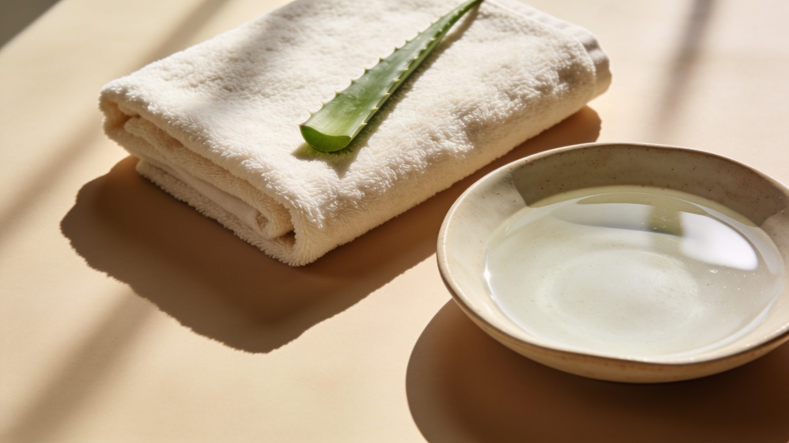 Folded cotton towel, an aloe leaf and a dish of cool water