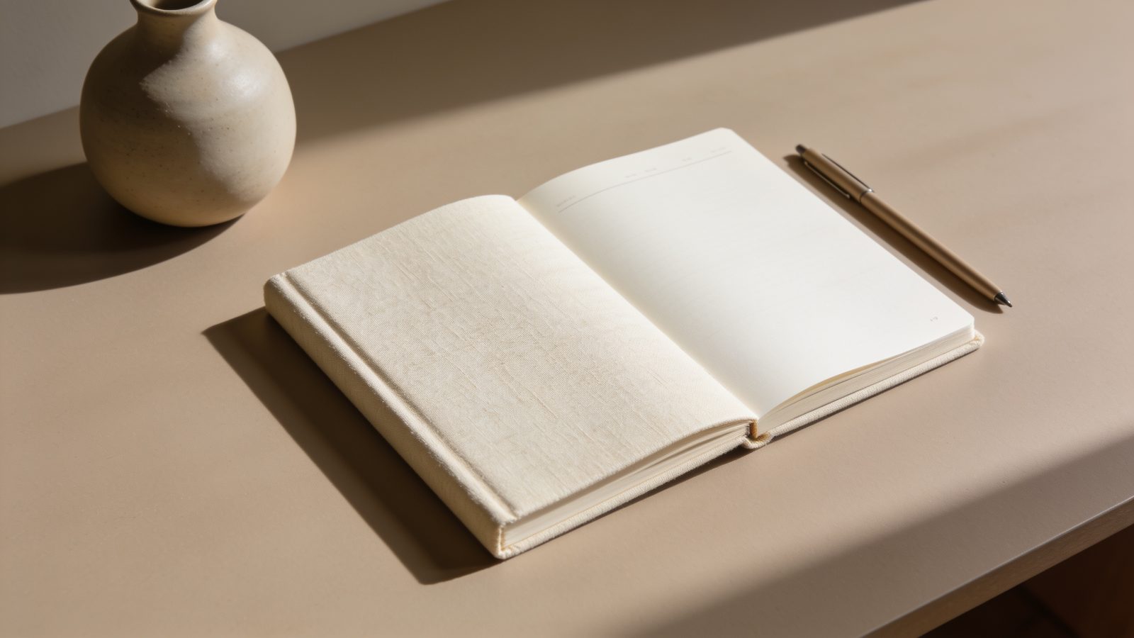 A linen-bound appointment diary lying open beside a pen and a small ceramic vase
