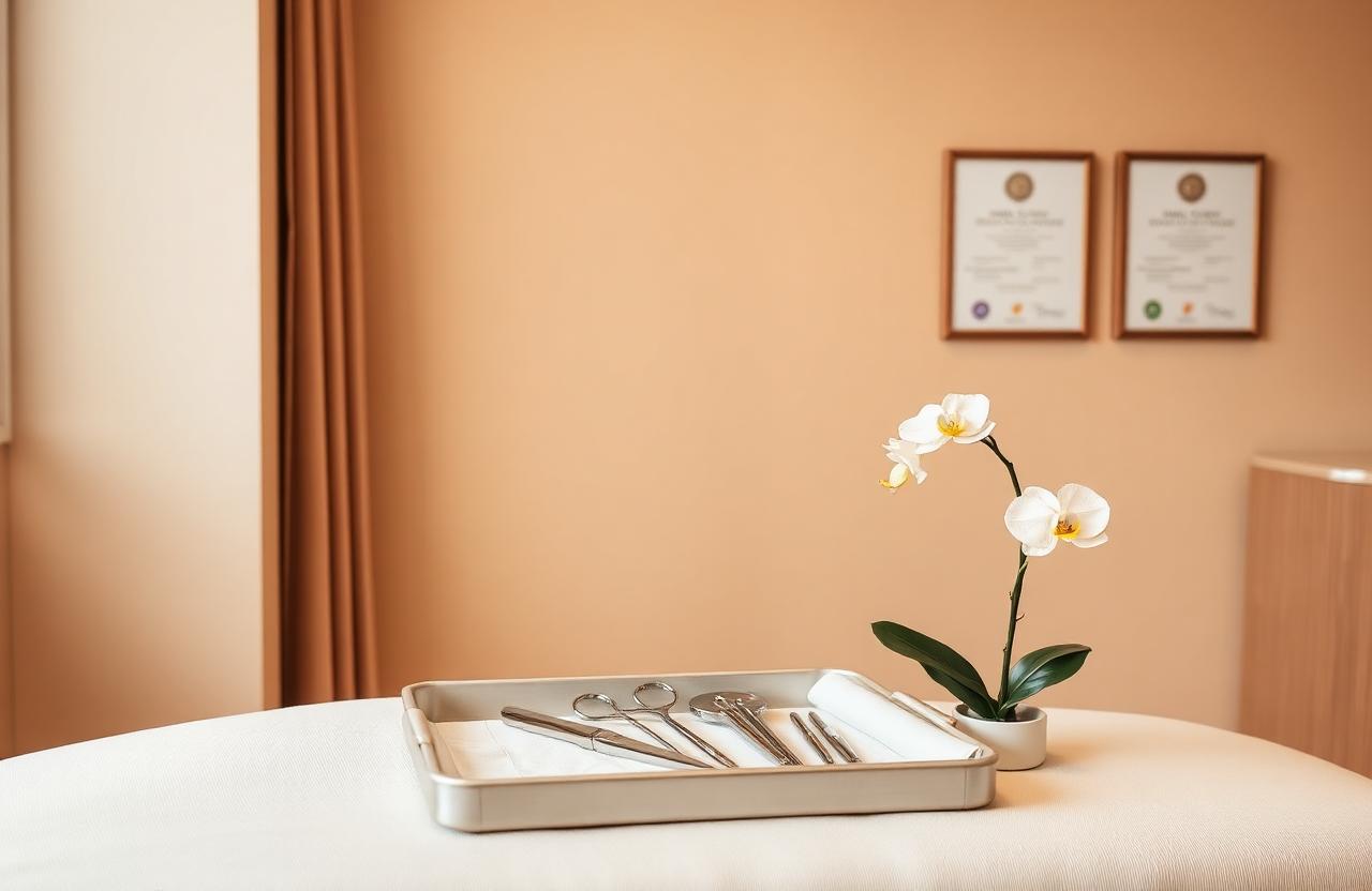 Clinical instruments and framed qualifications in a Brisbane cosmetic clinic treatment room