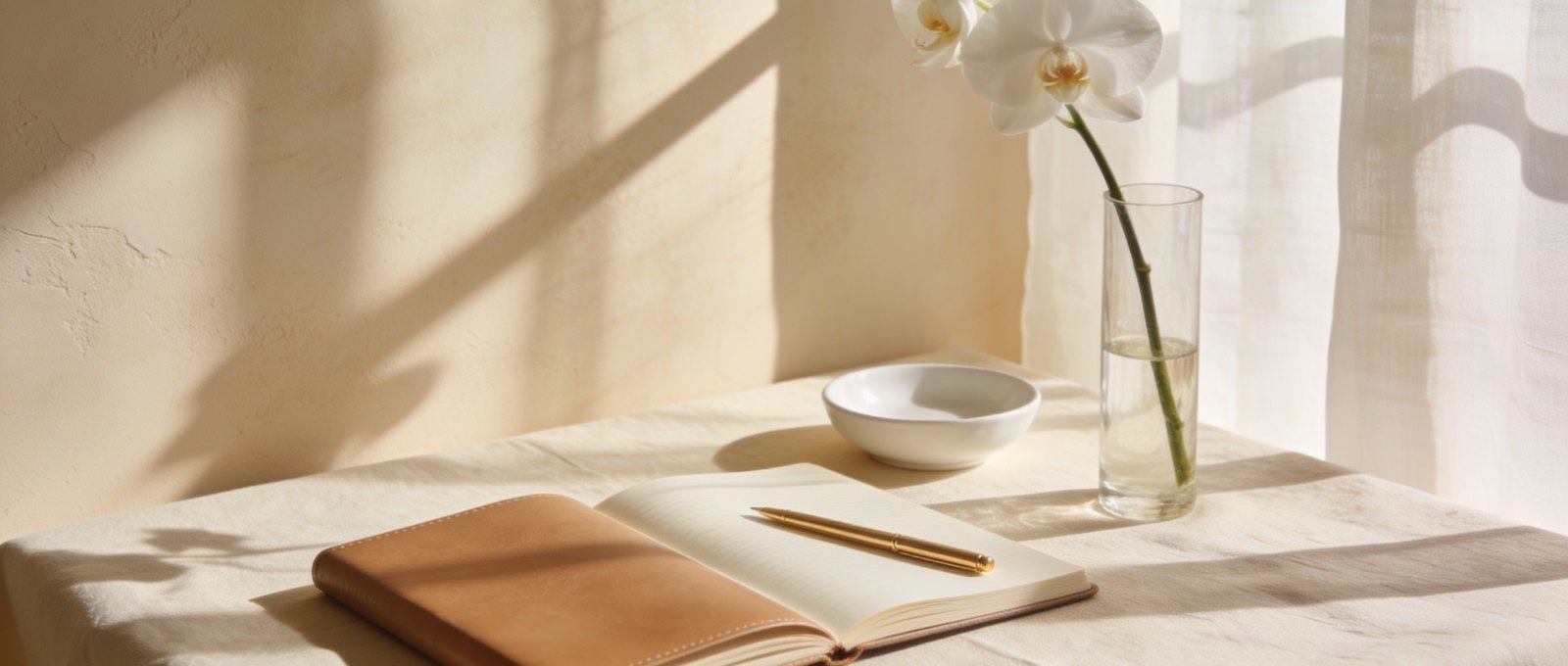 Consultation notes, pen and a single orchid stem on cream linen in warm afternoon light