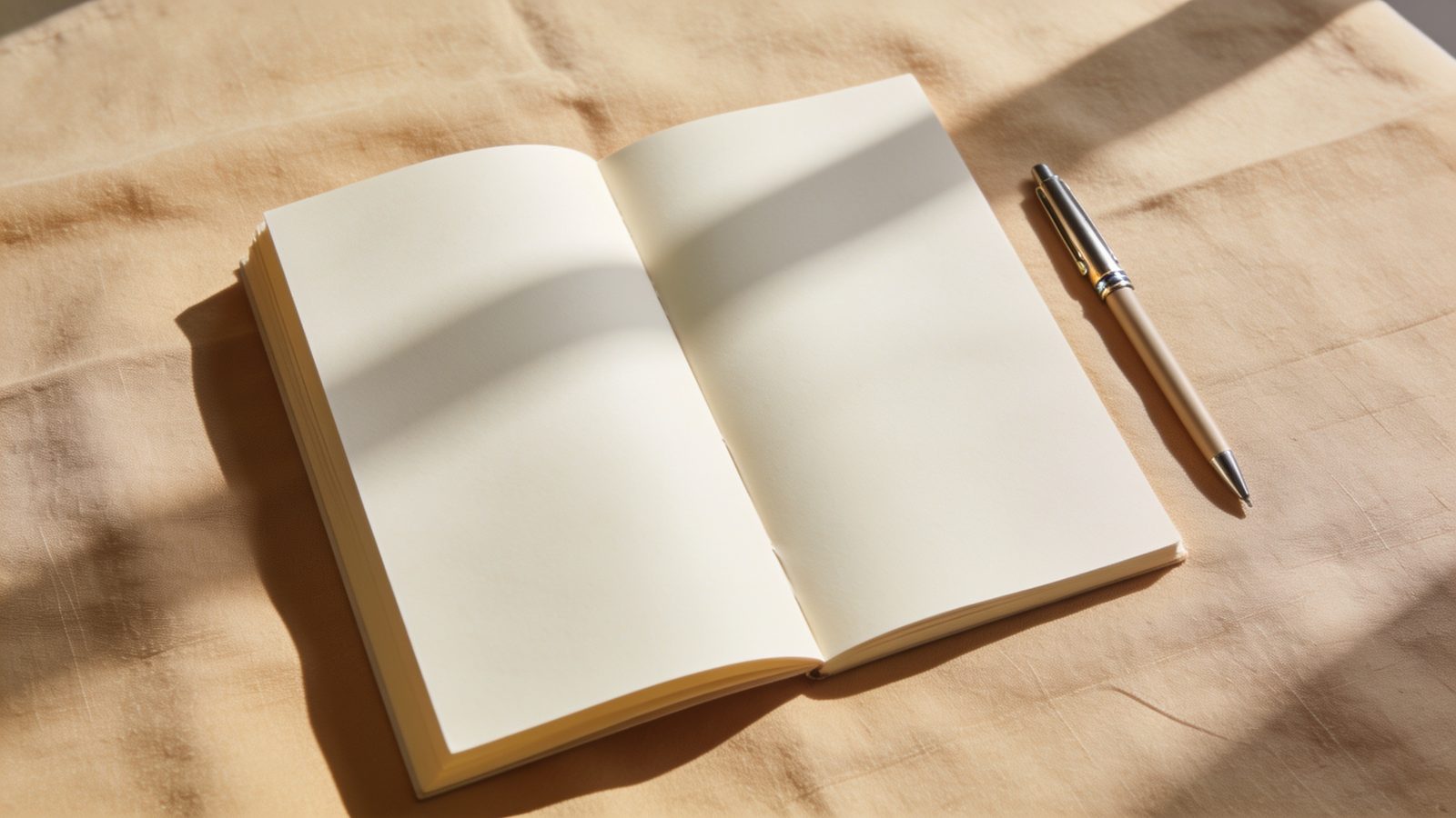 An open notebook with blank cream pages and a slim pen on warm linen