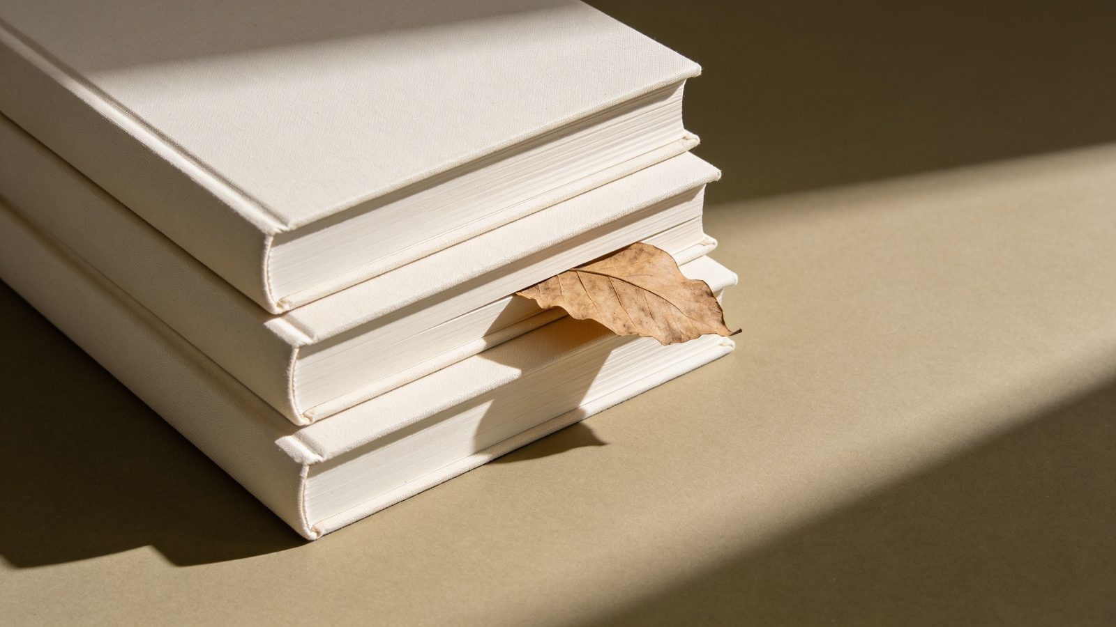 A stack of three cream cloth-bound books with a dried leaf bookmark