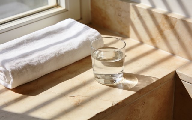 Folded white linen towel and glass of water on travertine