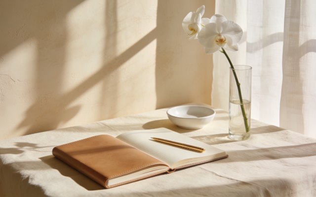 Notebook, pen and orchid on cream linen in warm afternoon light