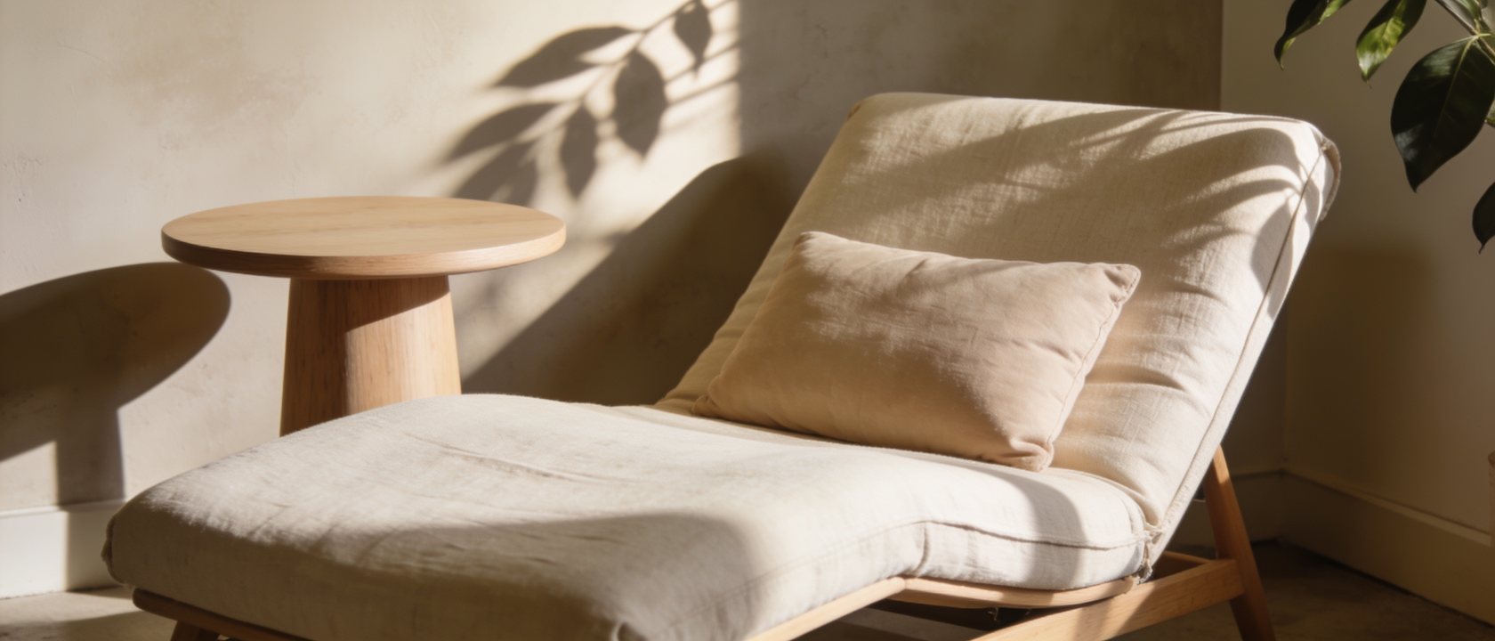 A low reclining chair in oatmeal linen in a quiet consultation corner, plant shadow on the wall
