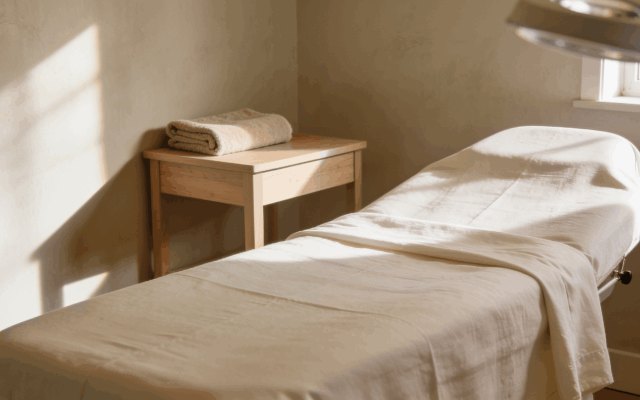 Treatment room with a linen-dressed bed in soft afternoon light