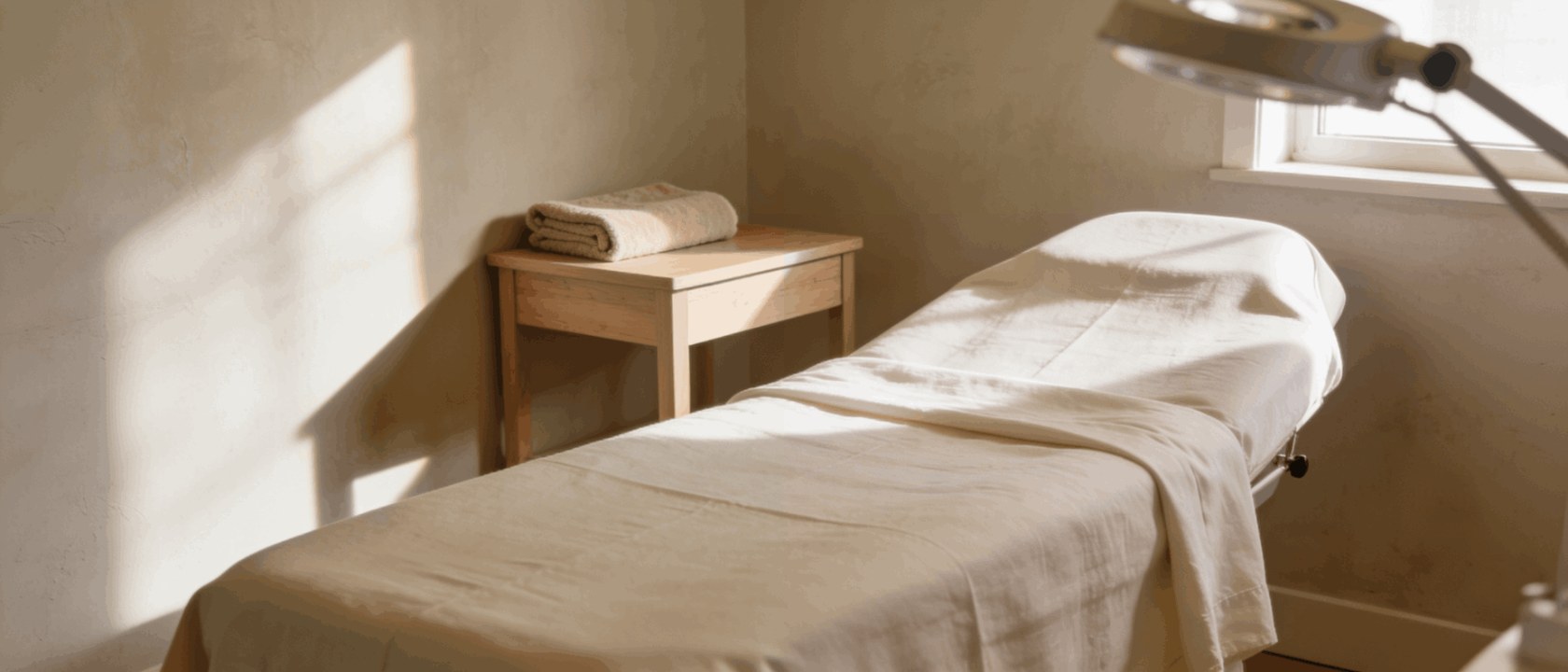 Treatment room with a linen-dressed bed and side table in soft afternoon light