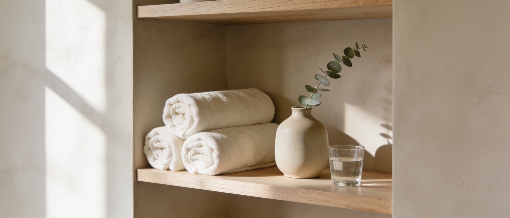 Rolled cream towels, a ceramic vessel and eucalyptus on pale timber shelving