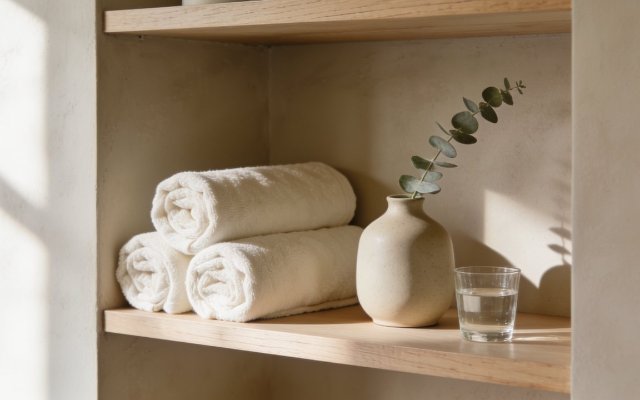 Rolled cream towels and a ceramic vessel on pale timber shelving
