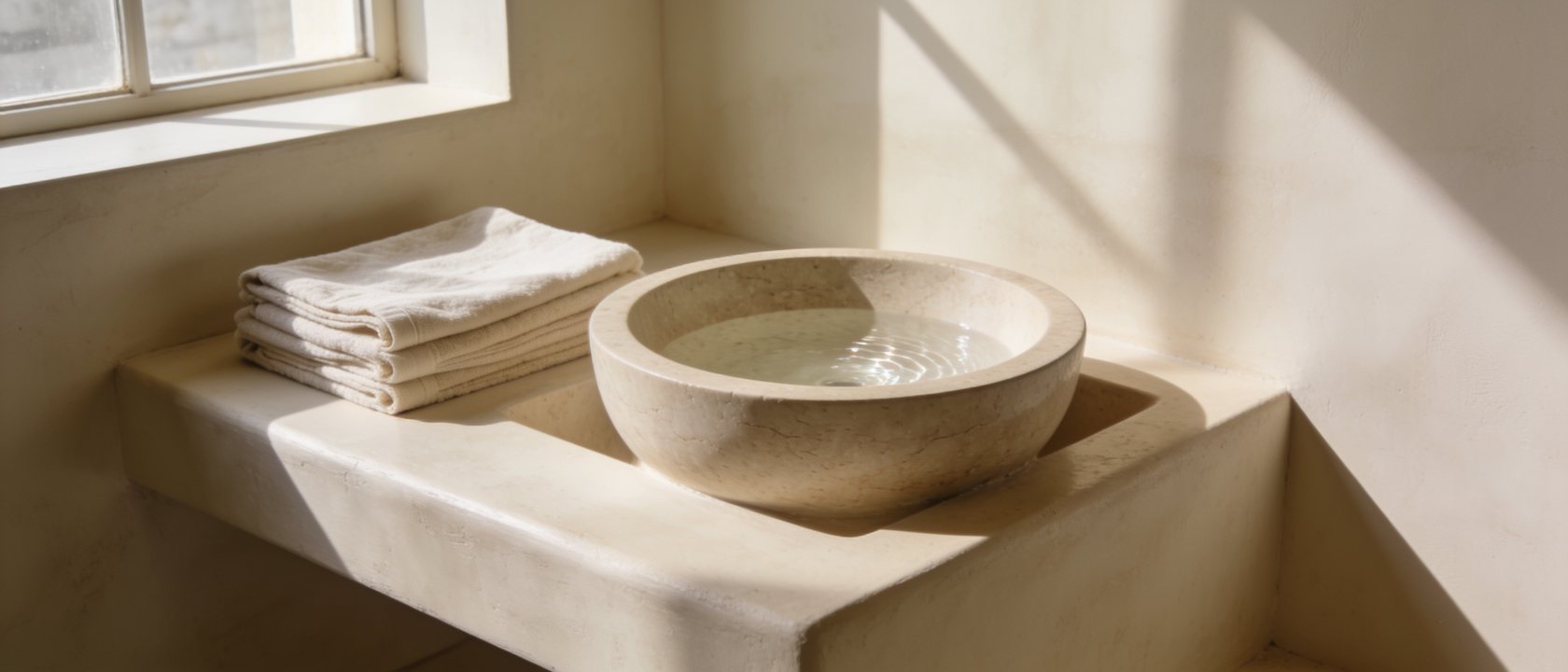 Honed stone basin and folded cotton cloths in the clinic wet area, warm afternoon light