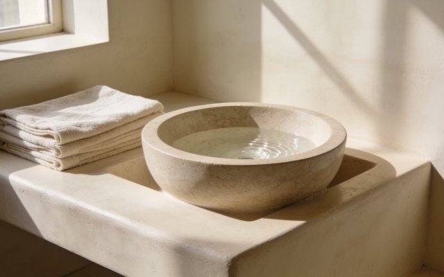 Honed stone basin and folded cotton cloths in the clinic wet area