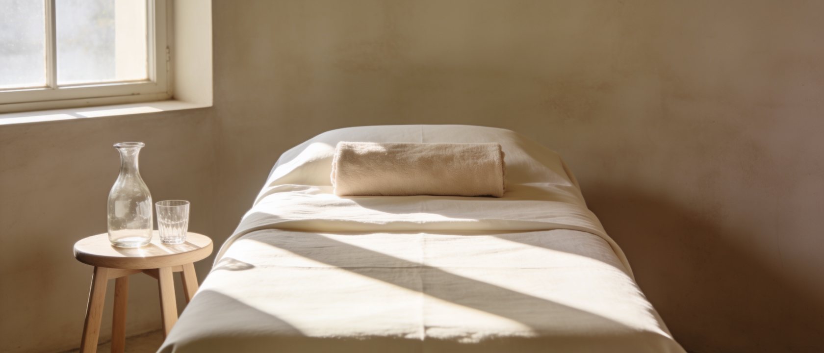 The head of a treatment bed in crisp cream linen with a water carafe on a timber stool