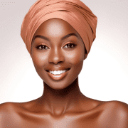 A smiling woman with radiant dark skin wears a peach-colored head wrap. Her natural makeup look shines against a soft, light background, exuding confidence and warmth—an inspiring image of beauty, enhanced by Aesthetics By Boss.