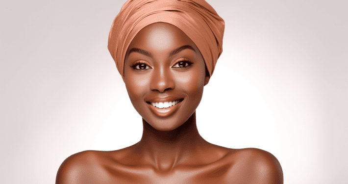 A smiling woman with radiant dark skin wears a peach-colored head wrap. Her natural makeup look shines against a soft, light background, exuding confidence and warmth—an inspiring image of beauty, enhanced by Aesthetics By Boss.