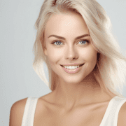 A young woman with long, blonde hair and blue eyes smiles warmly at the camera. She is wearing a sleeveless white top, her skin radiant—possibly thanks to Beauty Boosters—and is posed against a soft, light gray background.