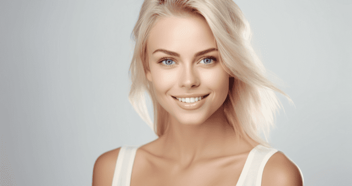 A young woman with long, blonde hair and blue eyes smiles warmly at the camera. She is wearing a sleeveless white top, her skin radiant—possibly thanks to Beauty Boosters—and is posed against a soft, light gray background.