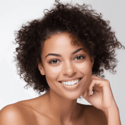 A young woman with curly hair smiles warmly at the camera, resting her chin on her hand. She has clear skin thanks to Beauty Boosters and is posed against a soft, light gray background.